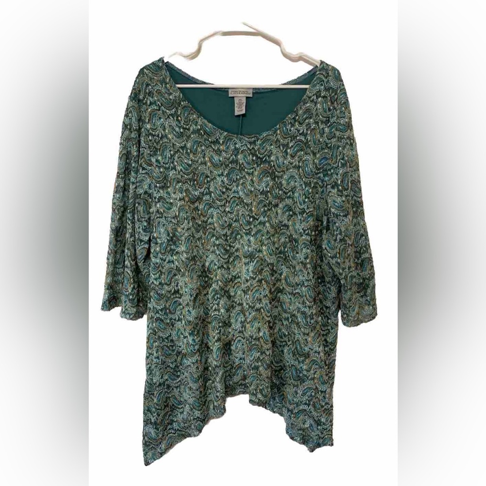 Maggie Barnes for Catherines Paisley 3/4 Sleeve Lace Tunic Top Womens 2X Stretch
